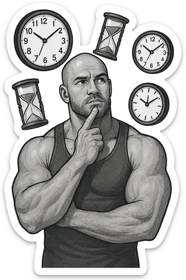 bodybuilder pensieroso che si tiene l'indice sul mento, alle sue spalle fluttuano clessidre e orologi da muro sticker