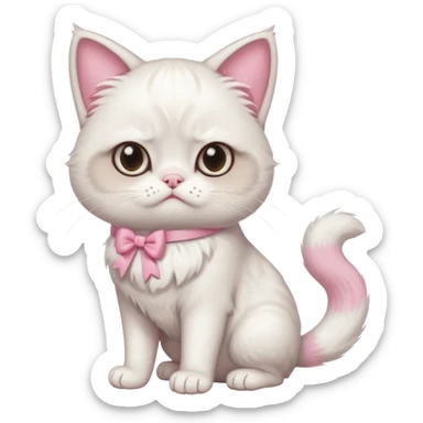 A White grumpy cat with light pink ears and paws and with a bow around its neck. The cat shall be standing on two legs sticker