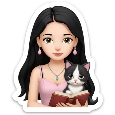 Menina branca ,cabelos pretos longos, olhos pretos puxados para cima. Cílios longos, lábios grossos ,nariz pequeno ,vestido rosa claro de alça. Colar e brinco bem pequeno. Lendo um livro com gatinho preto e branco. sticker