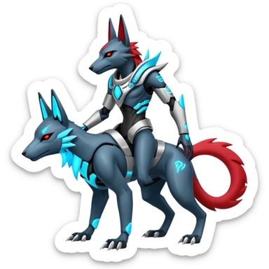 White and blue and cyan and red cyberpunk intricate neon glowing grey white futuristic cyborg-Anubis-Zeraora-Zoroark-fusion (full body) sticker