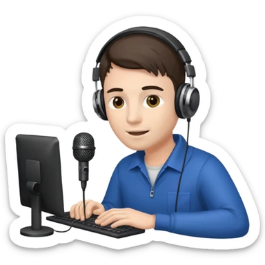 Man with headphones and microphone with computer. Operator sticker