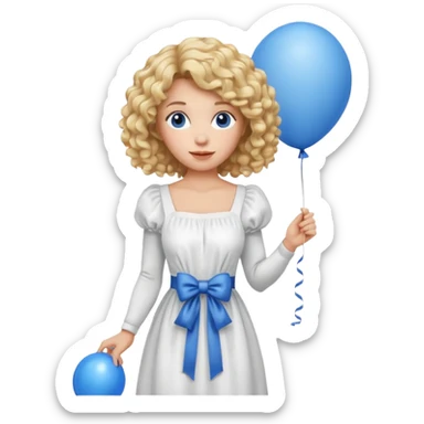 Woman curly blonde with blue balloon, white dress sticker