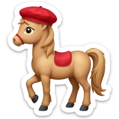 Adorable cartoon pony (small horse) emoji, full body, standing in profile view facing sideways. It has big, sparkling eyes and a friendly smile. It is wearing a cute red beret tilted to one side.  sticker