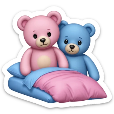 A fuzzy pink and a blue teddy bear in bed  sticker