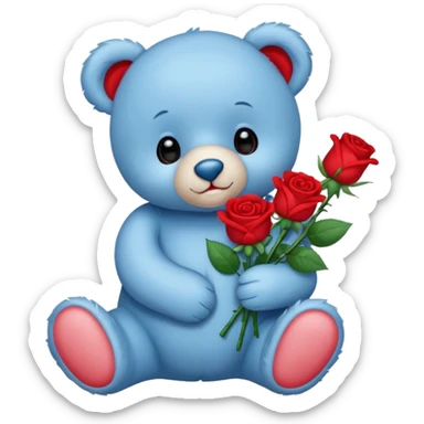 cute blue baby teddy bear holding roses  sticker