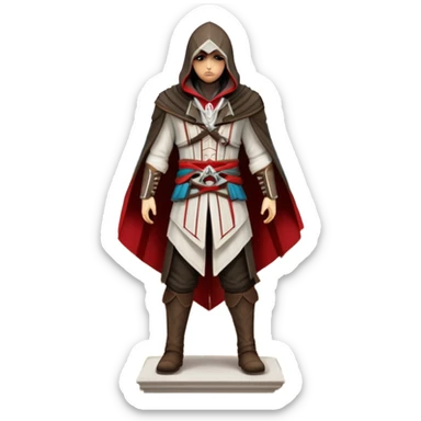 icon featuring Assasin's Creed in an iconic assassin's hood, standing tall against the backdrop of Florence. The design captures the essence of adventure, with intricate details of historical architecture and a sense of mystery. The character is poised, ready for action. transparent background. sticker