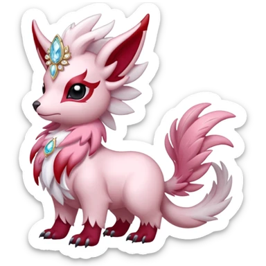Floral feathery pastel pink and ruby-jewelry-adorned Absol-Amaura-fusion-Fakemon-animal-creature  sticker