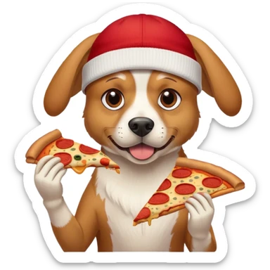 dog eating pizza with a nike beanie sticker