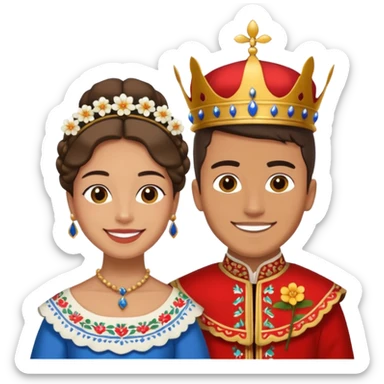 handsome young man next to the Queen of the Huerta 2024 in Murcia, both smiling, wearing traditional Murcian costumes with huerta flowers sticker