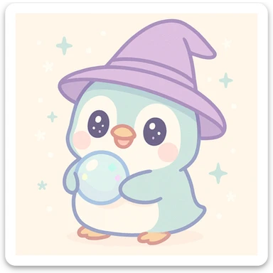 penguin wizard, with a crystal orb, snowy background, enchanting, cute, whimsical style sticker
