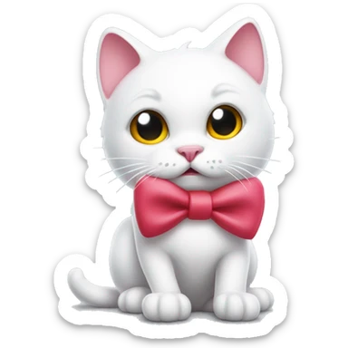 A white cartoon cat h k with a red bow on its left ear, looking unwell, a pink liquid out of his mouth sticker