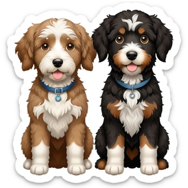 2 dogs: one light brown Aussiedoodle, one all-black Bernedoodle with white eyebrows some white markings, no brown coloring. Both same size. sticker