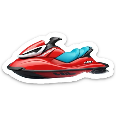 jet ski (red black and white all in the same amount. maybe a red a bit more dominant) on the sea. show the sea under the jet ski - blue with turquoise. no sky - white background instead. DO NOT REMOVE THE SEA AND THE WHITE WHEN FINALIZING!  NO ONE IS ON THE JET SKI  sticker