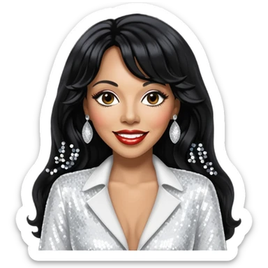 Donna Summer with long jet black hair, white sequin outfit  sticker