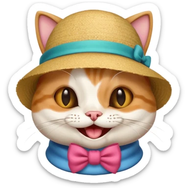Cat with a laughing face and a bow and hat sticker