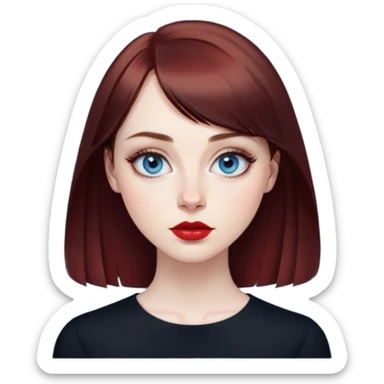 Artistic young woman with pale skin, oval face, large expressive blue eyes with eyeliner, thin arched eyebrows, small nose, full lips with red lipstick, dark auburn hair that's straight with slight waves at ends, straight bangs, wearing a black top, warm creative expression sticker