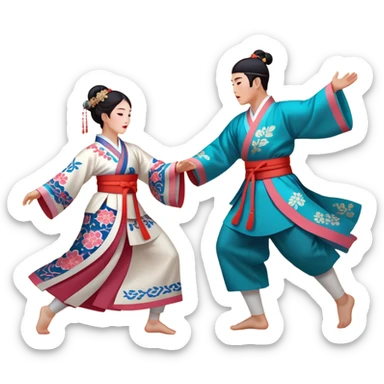 Cinematic Realistic scene of two performers engaging in Ganggangsullae, dressed in traditional Korean costumes with intricate patterns and graceful movements, illuminated by soft, festive lighting that accentuates the cultural ambiance sticker