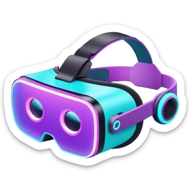 Futuristic glowing neon VR headset, purple and cyan light, dark background, digital tech style sticker