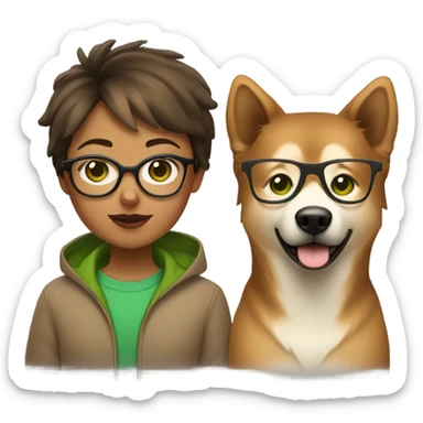 Brown light short hair Girl aux Green eyes with glasses Green eyes and eurasier dog  sticker