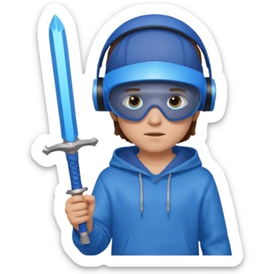 a boy with brown hair, a blue vr headset. a blue hoodie and a blue sword and remove the cap sticker