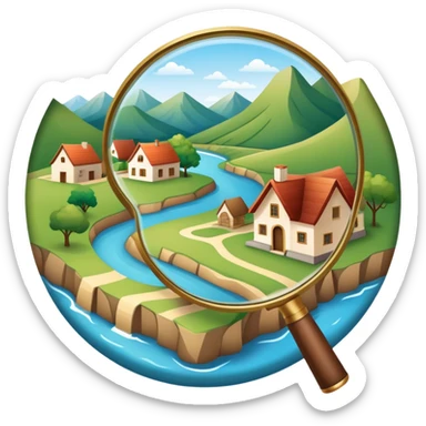 An icon featuring a magnifying glass over a local map, with a small village, traditional house, and natural landmarks like a river and hill, symbolizing local history and geography. Transparent background highlights the study of native land, culture, and heritage. sticker