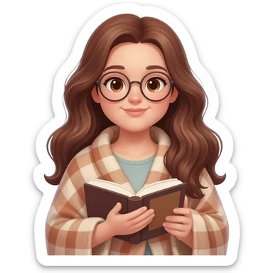 detailed emoji illustration of a curvy woman with long chestnut brown wavy hair, light brown eyes and round glasses, wrapped in a cozy plaid blanket and reading a book, calm peaceful expression, soft warm lighting, cute emoji style sticker