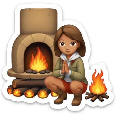 girl kneeling in front of a fire sticker