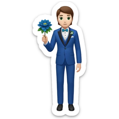 Chico blanco, pelo castaño, ojos verdes, traje boda azul y flor solapa , cuerpo entero sticker