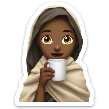 A girl holding a tea cup and wrapped with a blanket sticker