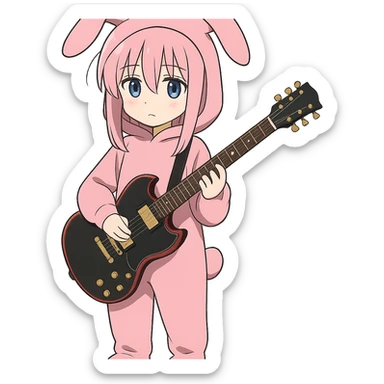 Bocchi the Rock character in a pink costume holding a guitar, anime style sticker