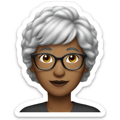 woman with grey hair and bangs, older black glasses sticker