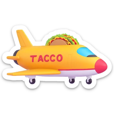 cartoonish Top Gun jet with a taco emoji as cargo, vibrant and whimsical sticker