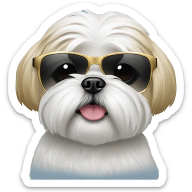White shihtzu wearing sunglasses with gold rim sticker