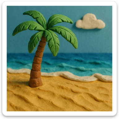 beach with textured sand and palm tree in claymation style sticker