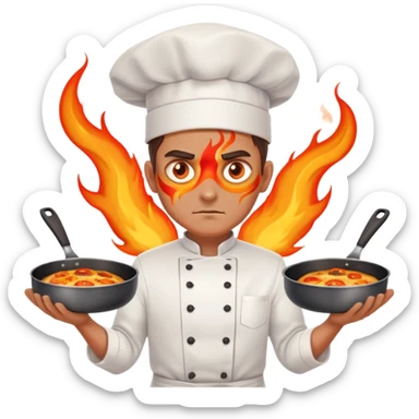 chef with intense flame eyes, crossing pans across chest in X formation sticker