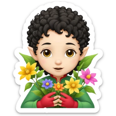 baby elf black curly hair with pointy ears, hold flowers sticker