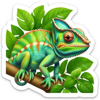 giant-chameleon-realistic emoji,-blending-with-vibrant-greenery.-detailed-scales-in-shifting-colors,-showing-the-chameleon’s-ability-to-camouflage.-soft-natural-light-highlights-its-texture.-nature-background, zoomed into its face sticker