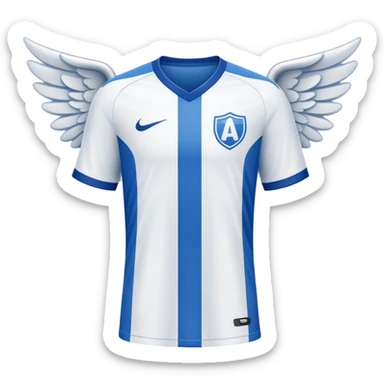 Blue and white soccer jersey with an angel symbol on the front sticker