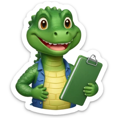 A cartoon gator with a clipboard and a pencil against a light green circle background sticker