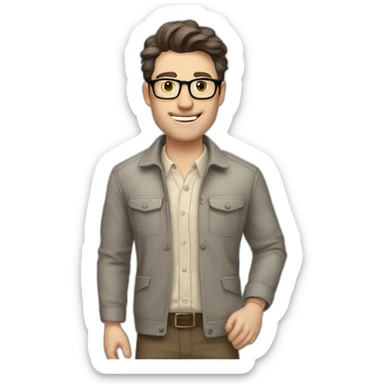 Joyful Full height Pale skinned Fit Man With dark brown hair in gray jacket, beige office shirt, Brown pants and vintage glasses. His thrumbs up sticker