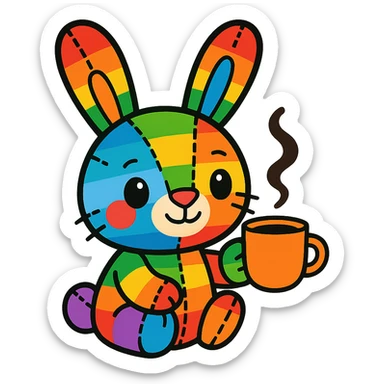 cute rainbow-colored female cartoon bunny with stitched details drinking coffee sticker