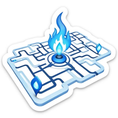 a map with a glowing blue flame on the x and networking paths sticker