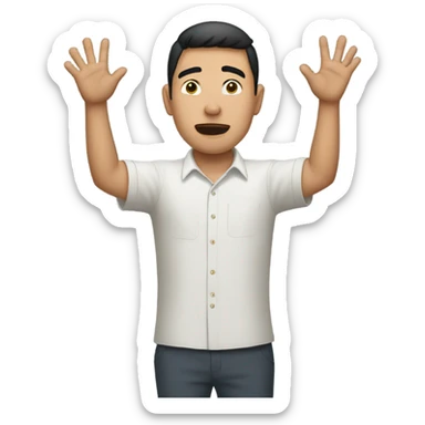 Asian guy holding up both hands acting guilty sticker