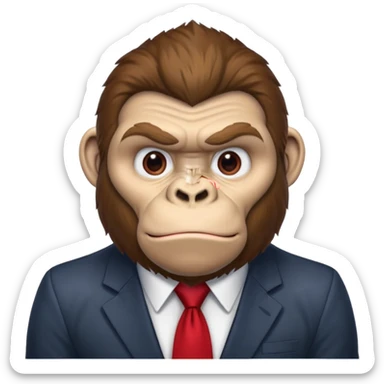 Brown haired cartoon gorilla with tufted tip of hair on the top of his head, light skin tone, heavy brows and cartoony eyes, he is a strong ape with and a red tie x💪🦍 sticker