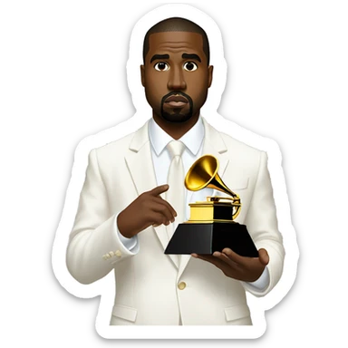 Kanye West wear white suit holding a Grammy sticker