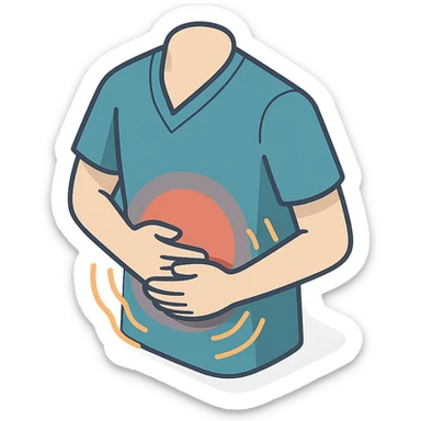 torso in clothing, hands holding painful stomach, waves of pain, 2d isometric style, shadows and highlights, no face and legs, only torso in clothing, stomach, hands and pain, transparent background sticker