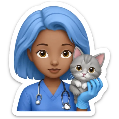 Young black female vet – scrubs, gloves, examining kitten. sticker