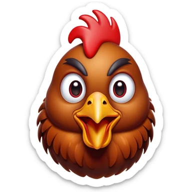 Cinematic Comical Brown Chicken Portrait Emoji, Head tilted dramatically with an exaggeratedly amused expression, featuring a striking, glossy brown plumage with a vibrant red comb, wide, expressive beady eyes filled with playful disbelief, Simplified yet hilariously expressive features, highly detailed, glowing with a slightly sassy glow, high shine, dramatic yet playful, stylized with an air of cheeky mischief, bright and endearing, soft glowing outline, capturing the essence of a spirited and over-the-top chicken, so meme-worthy it feels like it could cluck its way into internet fame instantly! sticker