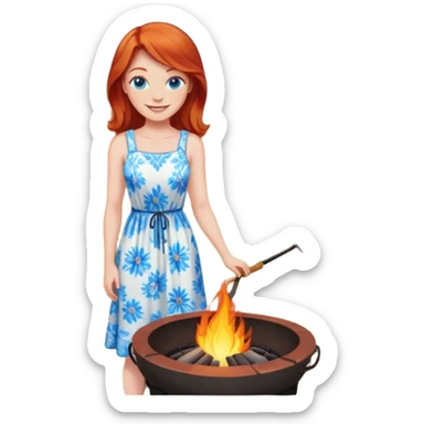 Happy Redhead woman with blue eyes beside fire pit in backyard sticker
