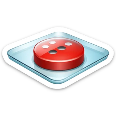 A big red round button under a square-shaped glass lid sticker